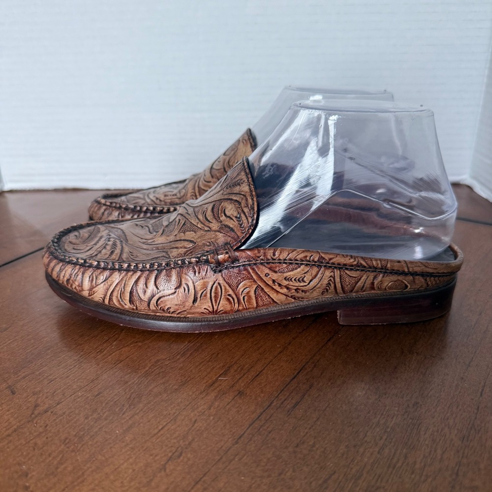 Cole Haan Country Brown Floral Embossed Tooled Leather Mules Slides 6B F8966